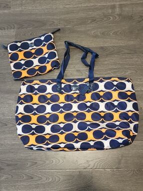 Coach Navy and Orange Geo Print Tote with Zip Pouch